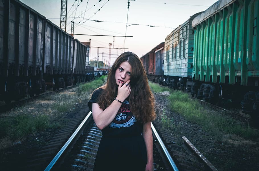 woman, wearing, black, top, subway, duvushka, train, view, hair, dress