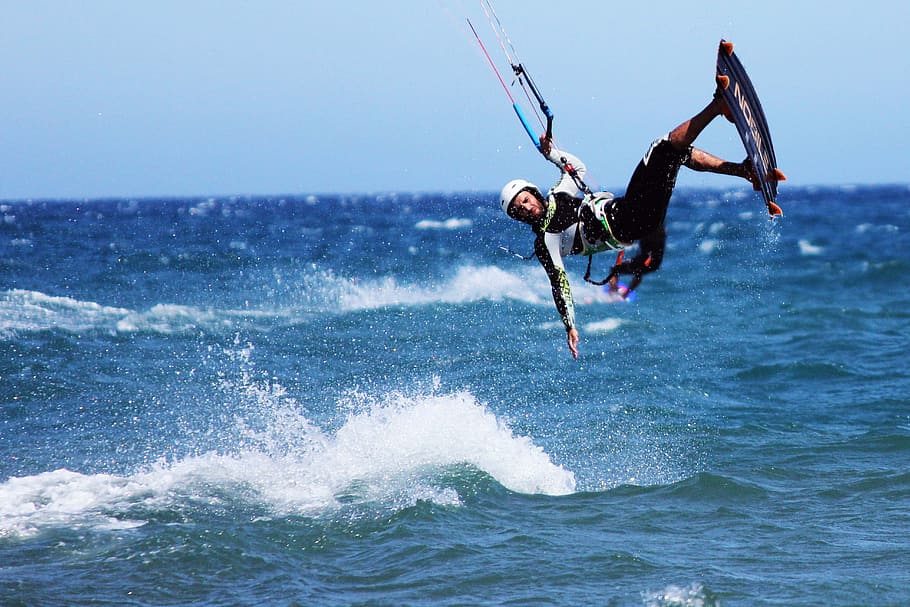 man wakeboarding, daytime, kite surf, jump, style, sport, sea, end, water, motion