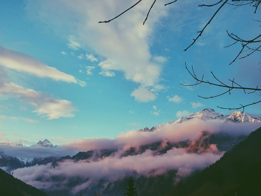 mountains, clouds, landscape, blue, sky, nature, branches, cloud - sky, beauty in nature, tranquility