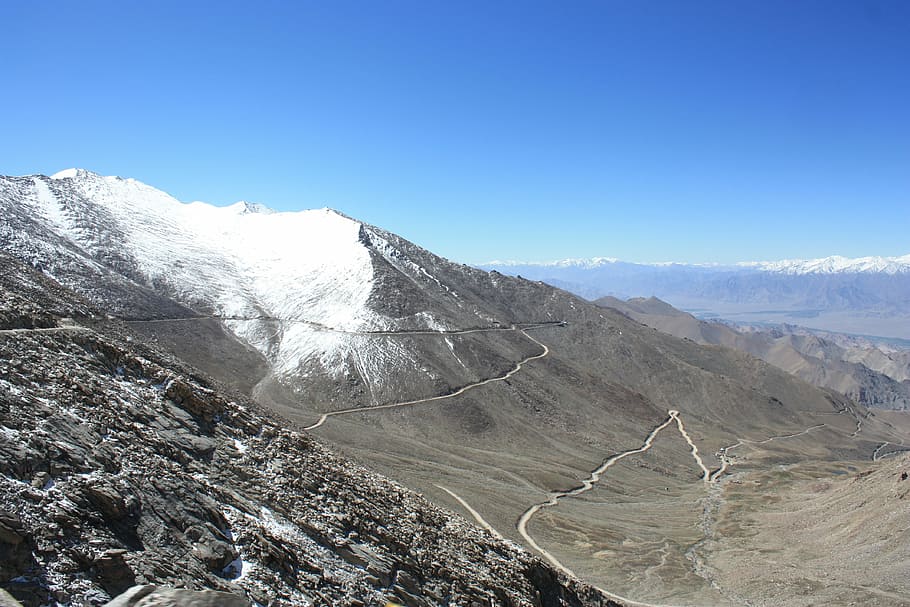 bird-eye, view, mountains, leh, khardung la, pass, pass road, highest pass of the world, himalayas, mountain pass