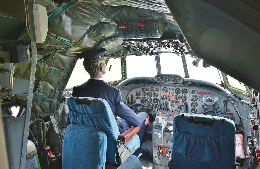 pilot di dek, Pesawat Antik, Pesawat, Kokpit, Kapten, seragam, instrumen papan, pertunjukan udara, tua, vintage