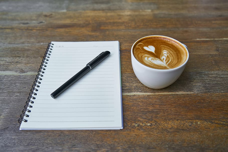 black, pen, spiral notebook, cappuccino art, coffee, caffeine, cafe, beverage, cup, coffee cup