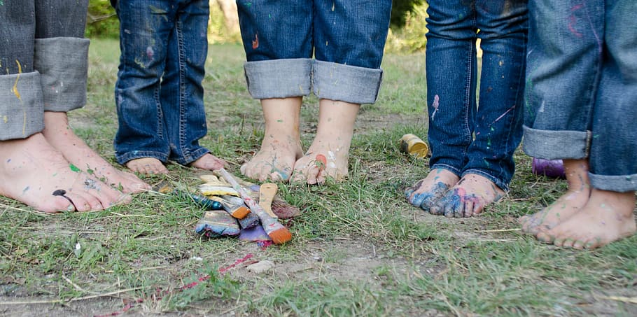 person, blue, denim pants, family, family pictures, feet, kids, paint, paintbrushes, painting