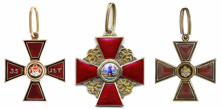 three, red, cross, pendants, russian empire order, decoration, royal award, russian order, golden, icon