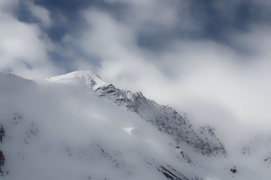 snow, covered, mountain, cloudy, sky, valley, cold, winter, clouds, nature