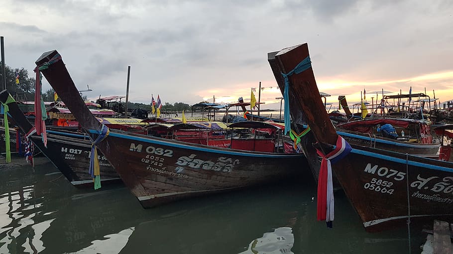 thailand, krabi, thailand boats, sunrise, tourism, nautical vessel, mode of transportation, transportation, water, sky