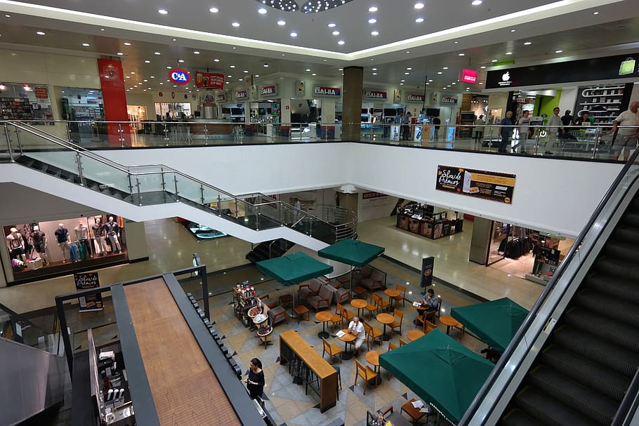 mall, stores, starbucks, stairs, trade, purchases, shopping mall, group of people, high angle view, indoors