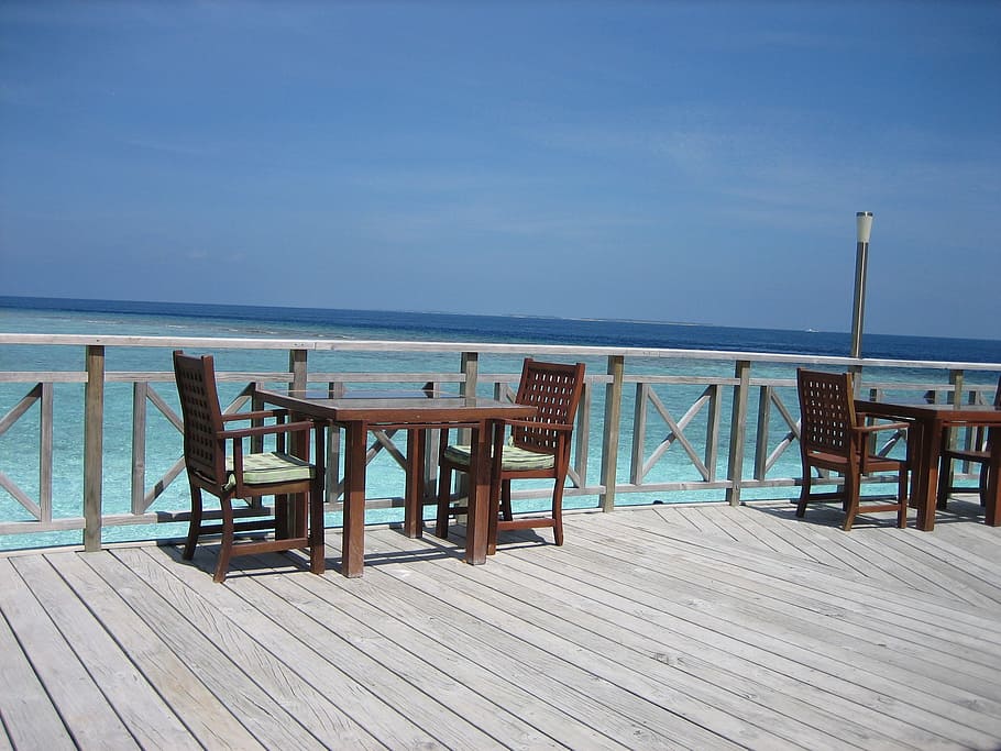 maldives, bandos island, sea, beach, water, chair, horizon over water, seat, horizon, wood - material