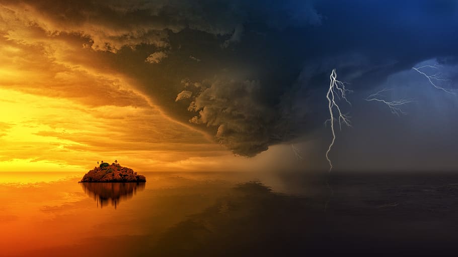 timelampse photo, storm, lightnings, land, water, island, golden, hour, sunset, nature