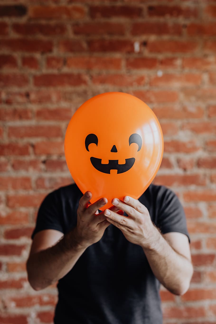 balão, laranja, rosto, engraçado, outono, homem, Halloween, uma pessoa, segurando, pessoas reais