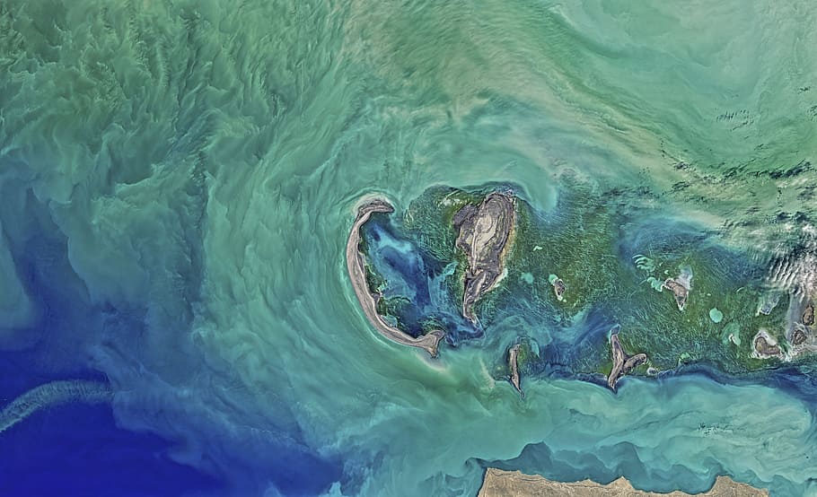 satellite view landmass, caspian, sea, water, ocean, space, nature, blue, motion, high angle view