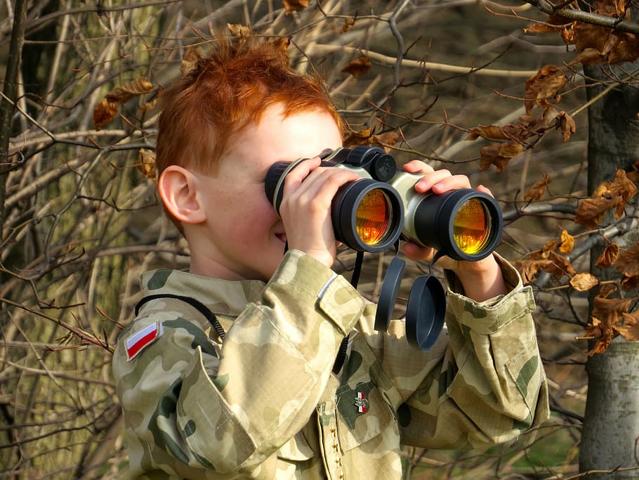 boy, standing, twigs, using, binoculars, child, uniform, the military, one person, real people