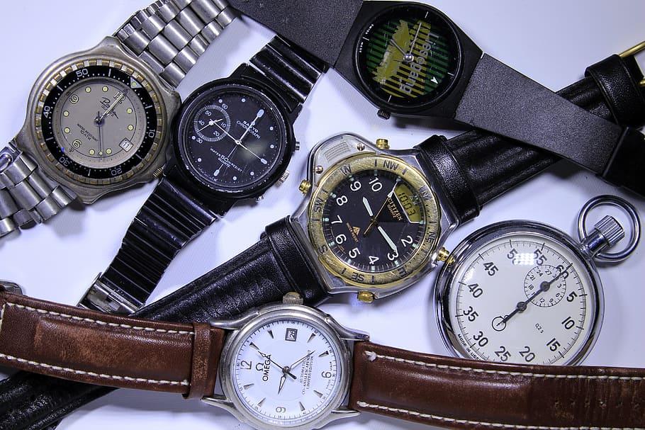 assorted-color watch collection, Wrist Watches, Wrist Watch, watches, clock, time indicating, time, stopwatch, mens, clock face