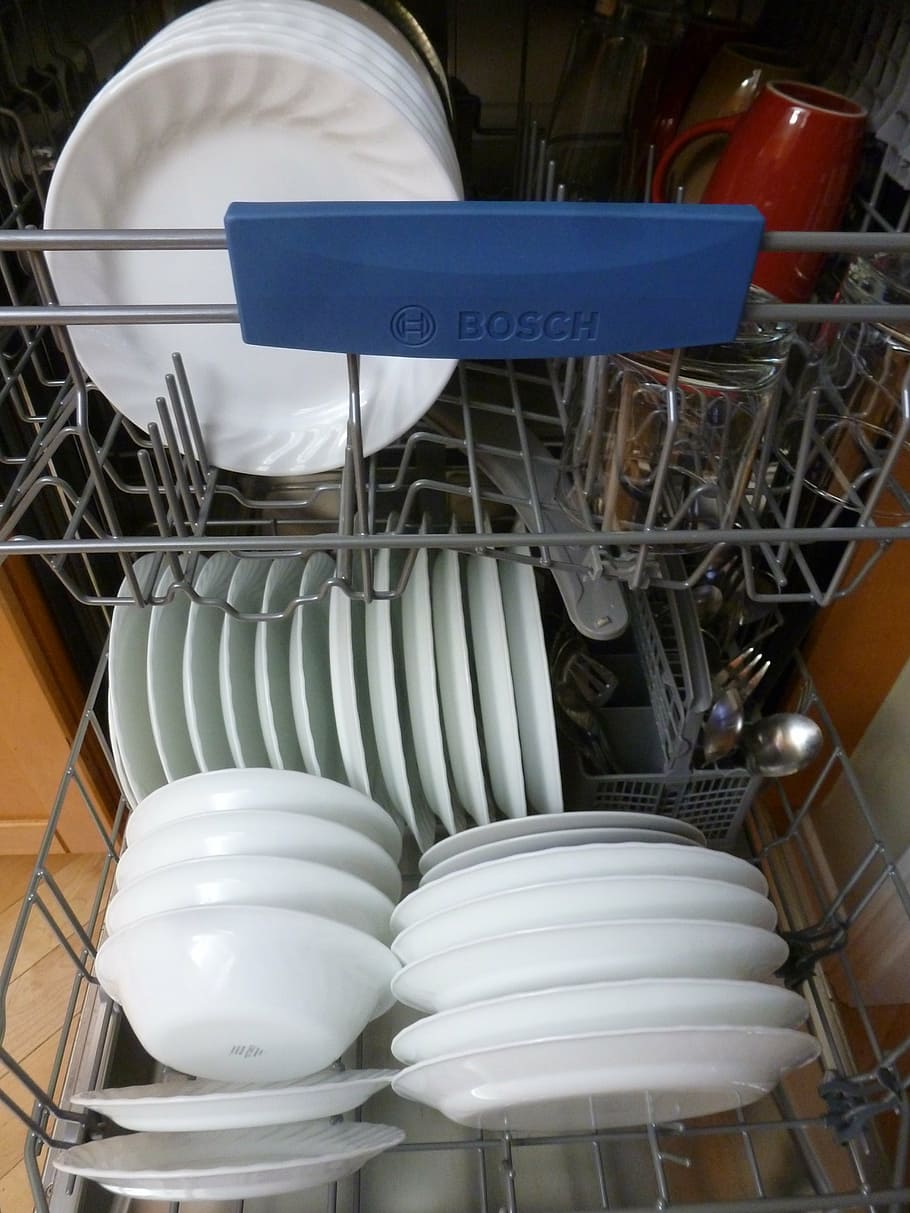 gray, bosch dishwasher, filled, plates, dishwasher, interior, dishes, kitchen, housework, appliance