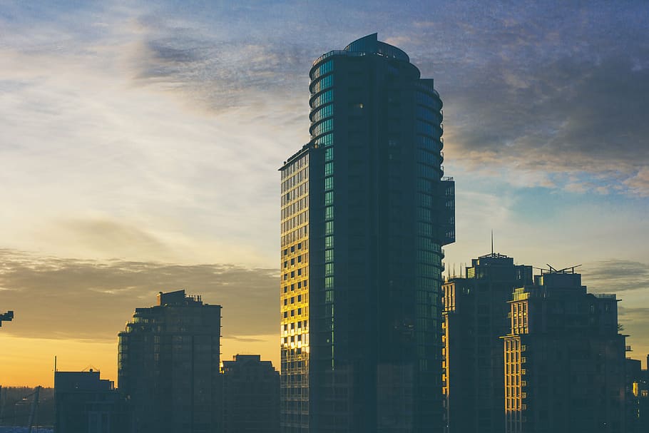 high-rise, buildings, sunset, silhouette, high, medium, rise, golden, hour, architecture