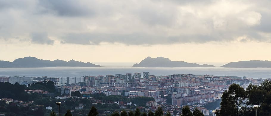 Vigo, Kepulauan Cíes, Samudra Atlantik, ria de vigo, pontevedra, galicia, spanyol, lanskap kota, kota, arsitektur