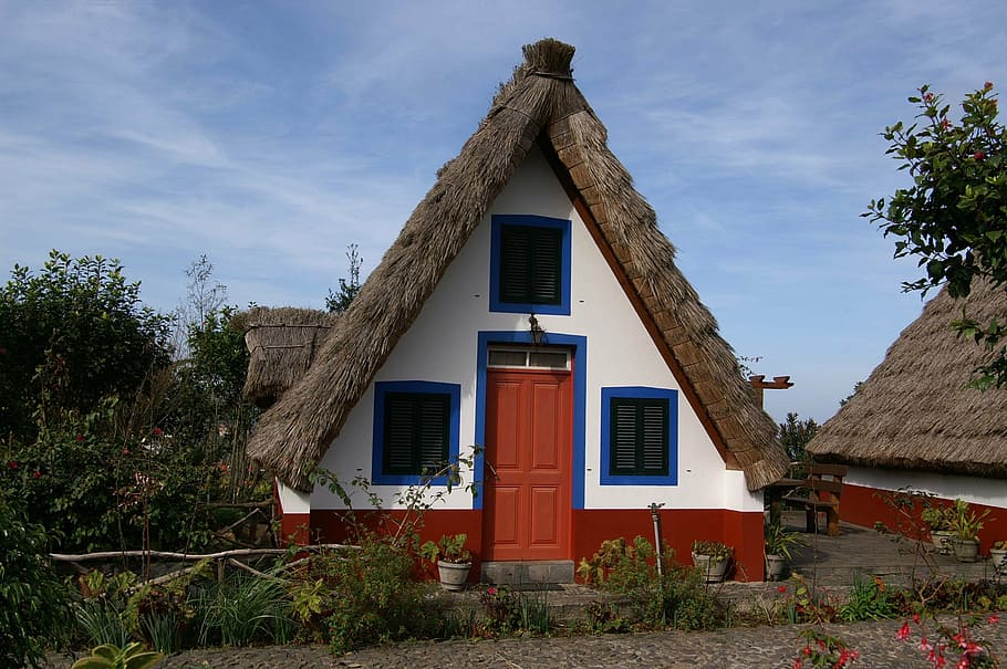 rumah madeira, pulau, portugal, atap jerami, liburan, rumah, arsitektur, desa, budaya, pondok