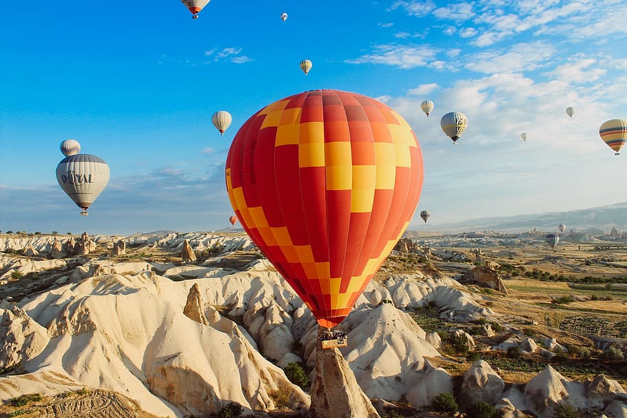 hot, air balloons, daytime, hot air balloons, rocks, cliffs, valleys, fields, landscape, hot Air Balloon
