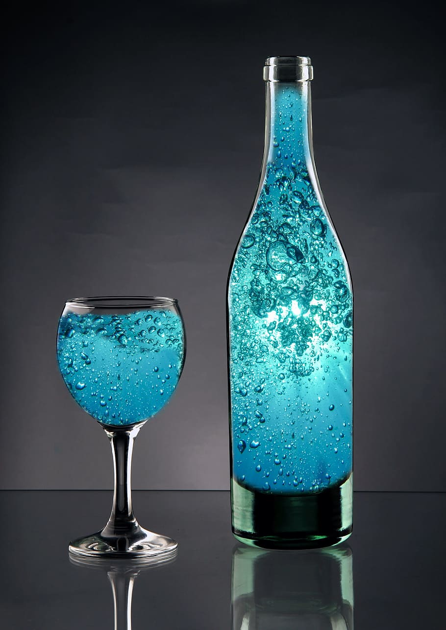 clear wine glass, bottle, bottle of water, water, turquoise, blue, sparkling, glass, glass of water, refreshment