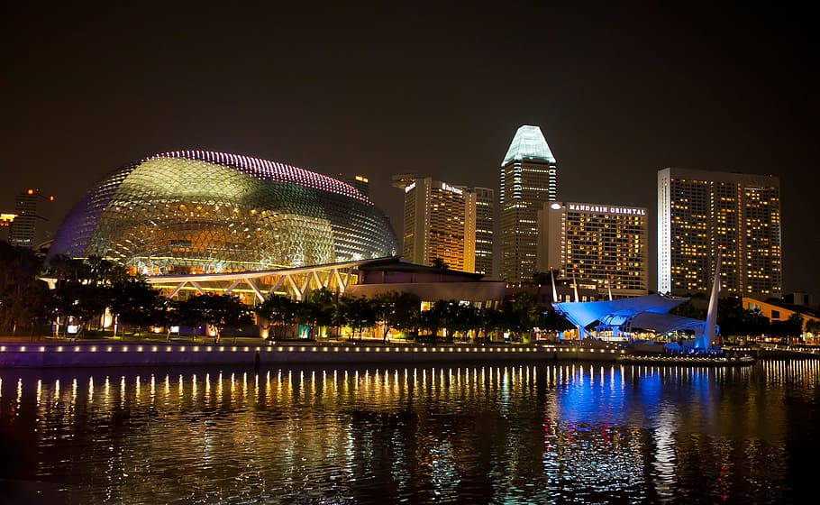 paisaje urbano ópera de sydney, Singapur, Comercial, Vista nocturna, Mar, ciudad, edificio, noche, arquitectura, iluminado