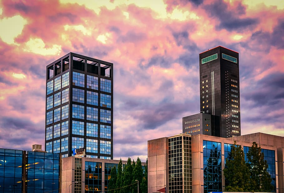 high-rise, buildings, golden, hour, skyscraper, office, glass, glass facade, architecture, window