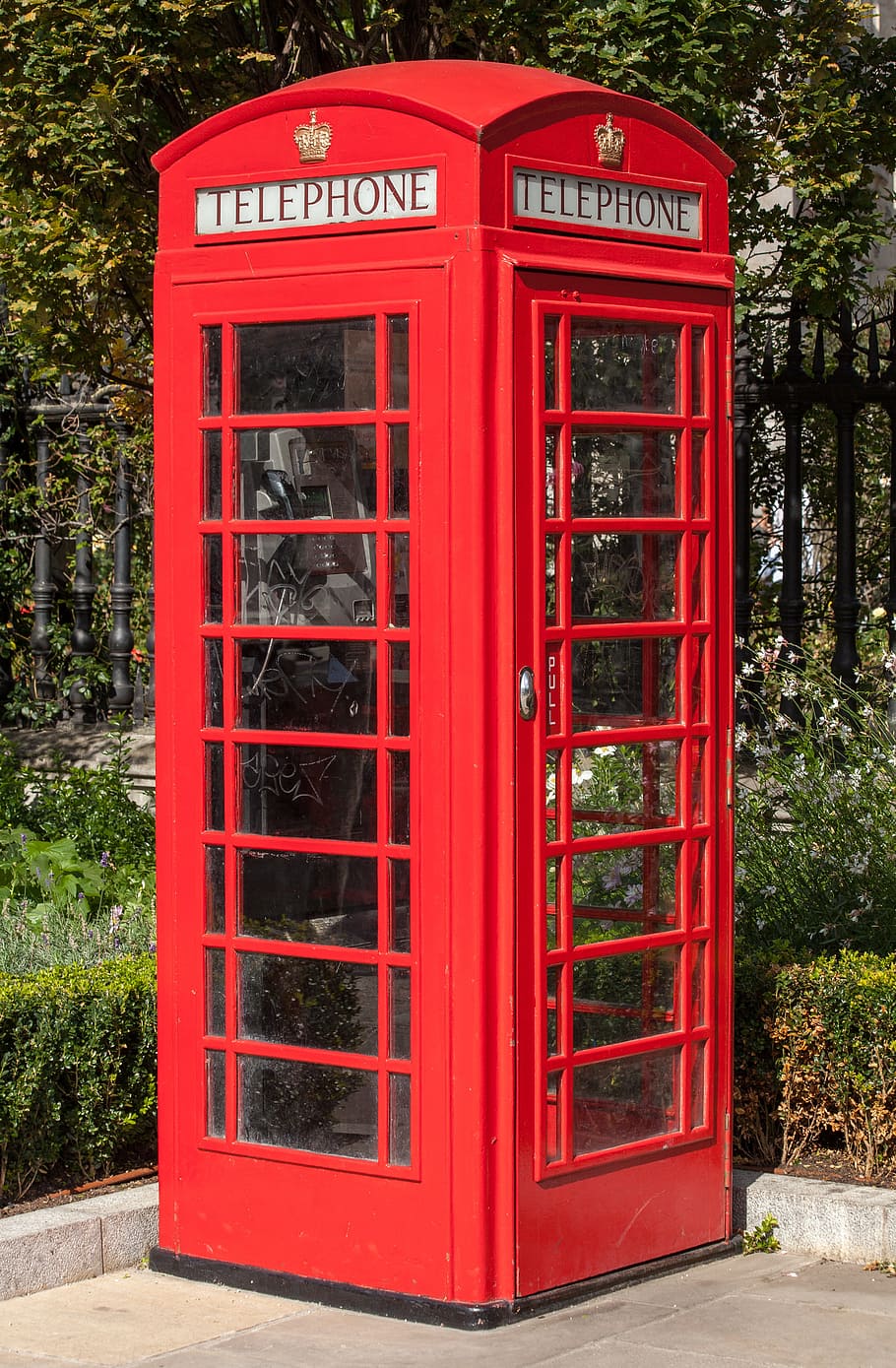 red, telephone booth, green, trees, daytime, phone, public phone, great britain, street, shed