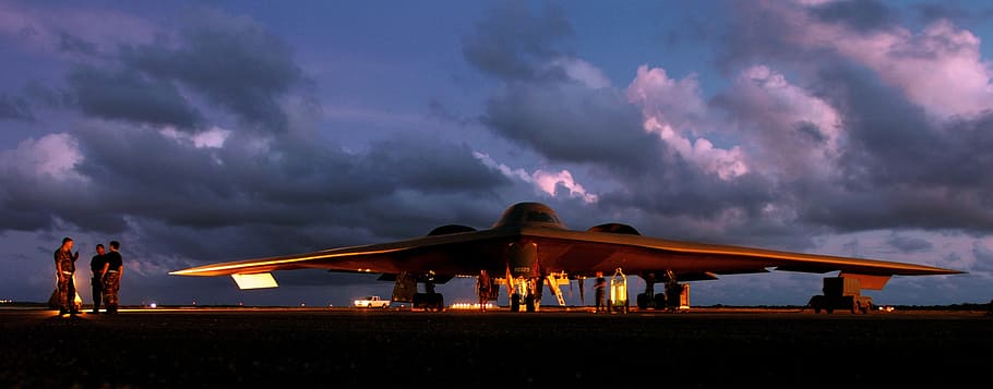 people, standing, plane photography, military, stealth bomber, jet, airplane, mechanics, maintenance, ground