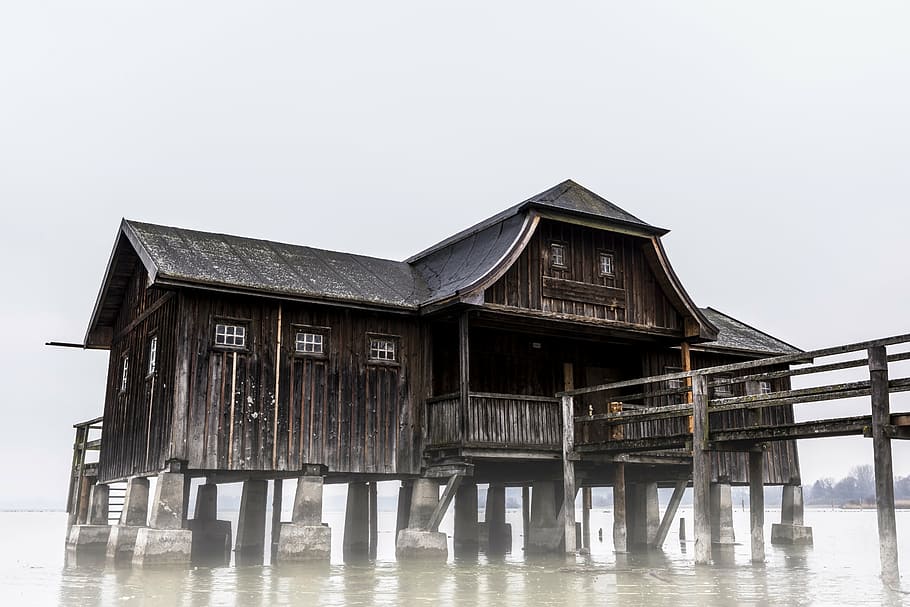 brown, wooden, house, body, water, ammersee, boat house, frozen, lake, web