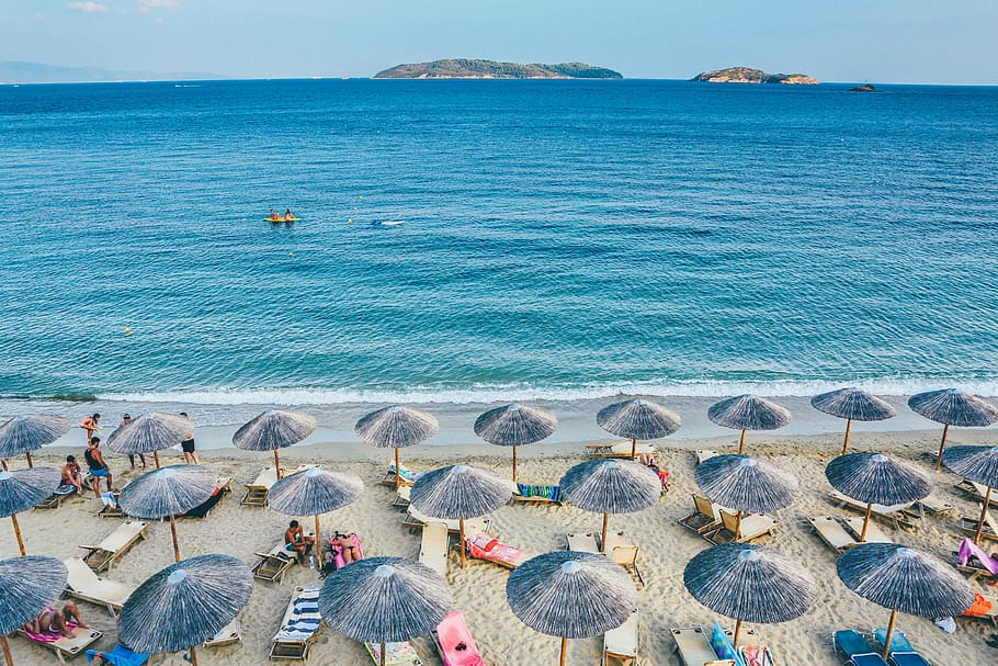 top, view, blue, beach umbrellas, seashore, blue beach, umbrellas, sea, beach, summer