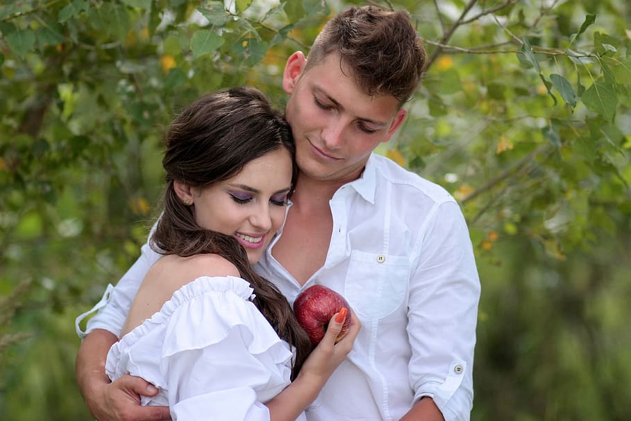 woman, white, off-shoulder, holding, red, apple man, snow white, print, march, love