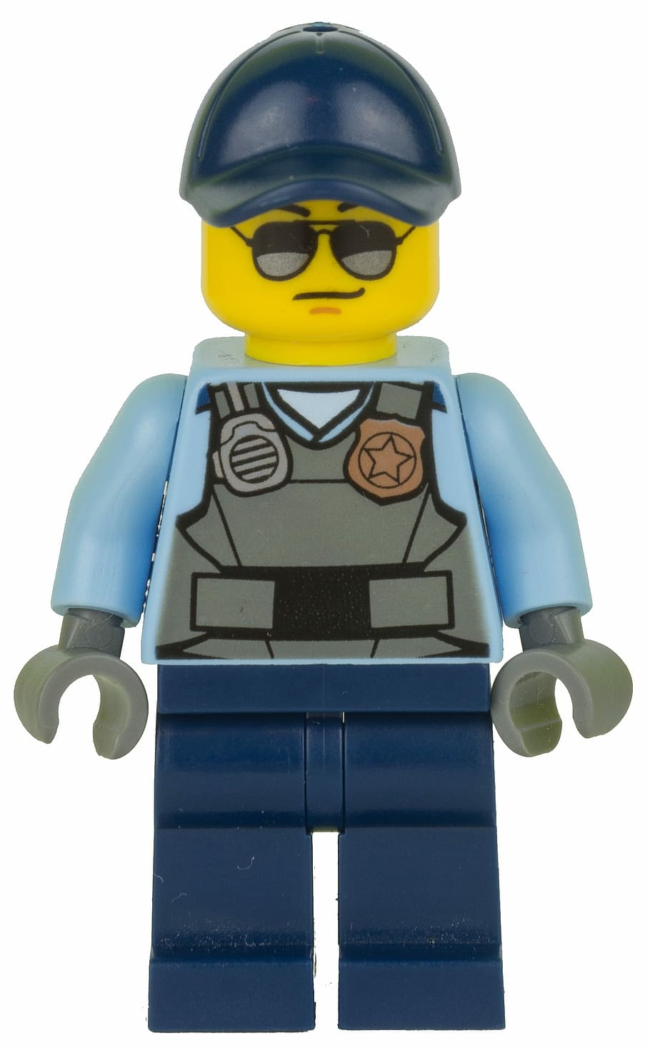 Lego, Figurine, Police, Policeman, white background, cut out, helmet, one person, males, blue