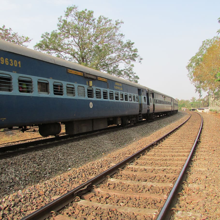 blue, train, railway, trees, daytime, indian railway, dharwad, india, track, transportation