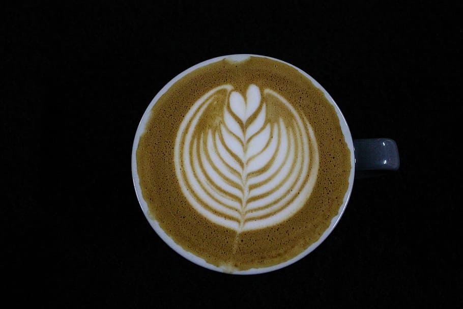 leaf latter art, ceramic, mug, coffee, gourmet, cream, drink, café, brown, black