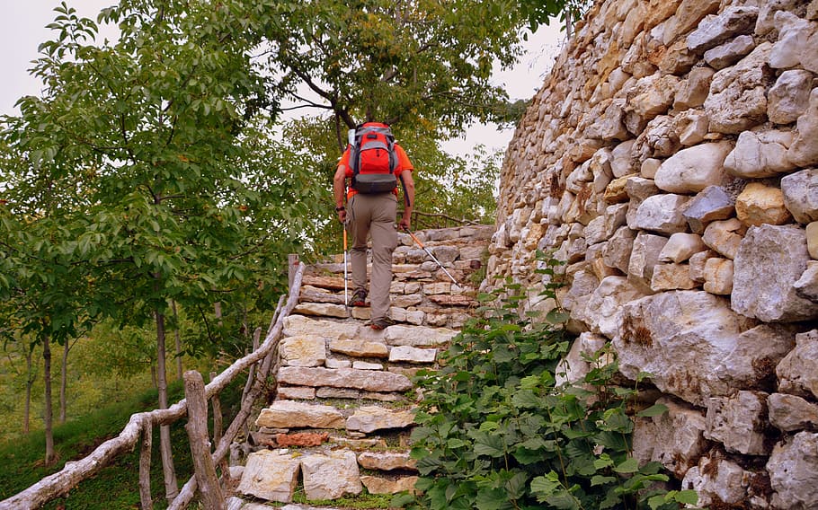 mendaki, skala, batu, dinding, sassi, tamasya, trekking, berjalan, jalur Eropa, e5