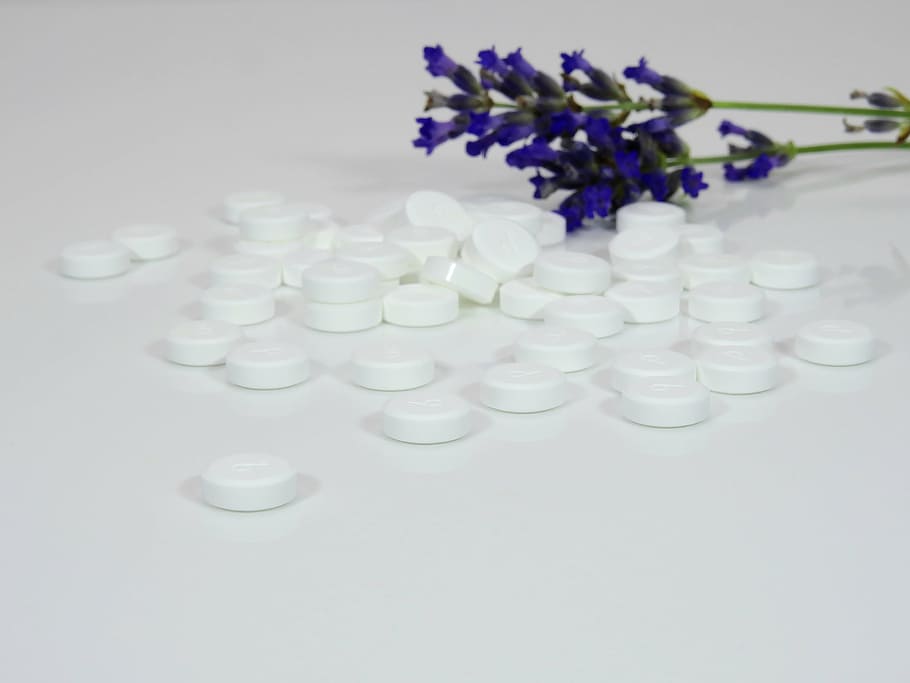 putih, pil obat, lavender, bunga, permukaan, medis, tablet, pil, obat, memberkati Anda