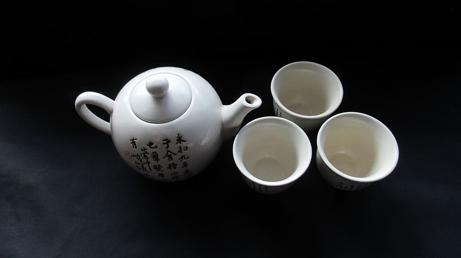tea set, chinese, teacup, pot, tea, culture, black background, studio shot, indoors, group of objects
