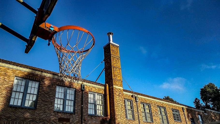 school, hoop, basketball, architecture, building exterior, blue, built structure, building, sky, low angle view