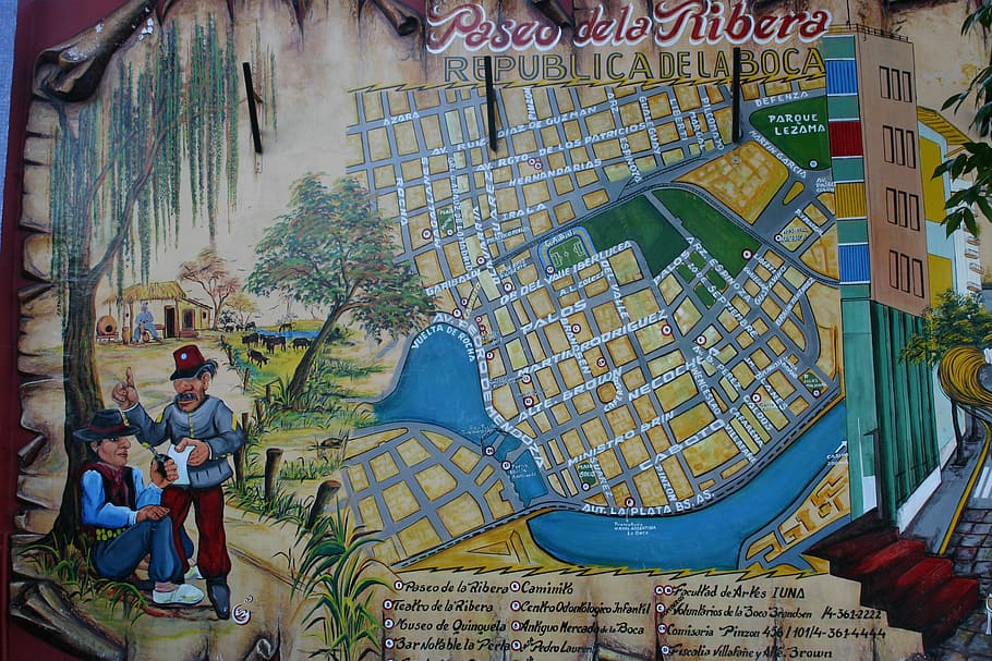Argentina, Buenos Aires, Distrito, Boca, república da boca, passeio bancário, caminito, mapa, pintado, grafite