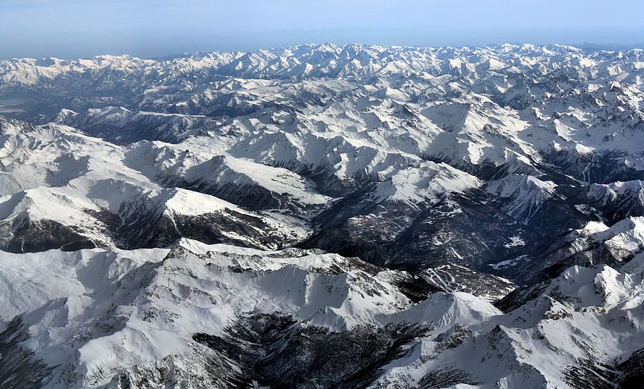 mountains, covered, snow, alps, landscape, sky, clouds, nature, aerial view, snow-capped peaks