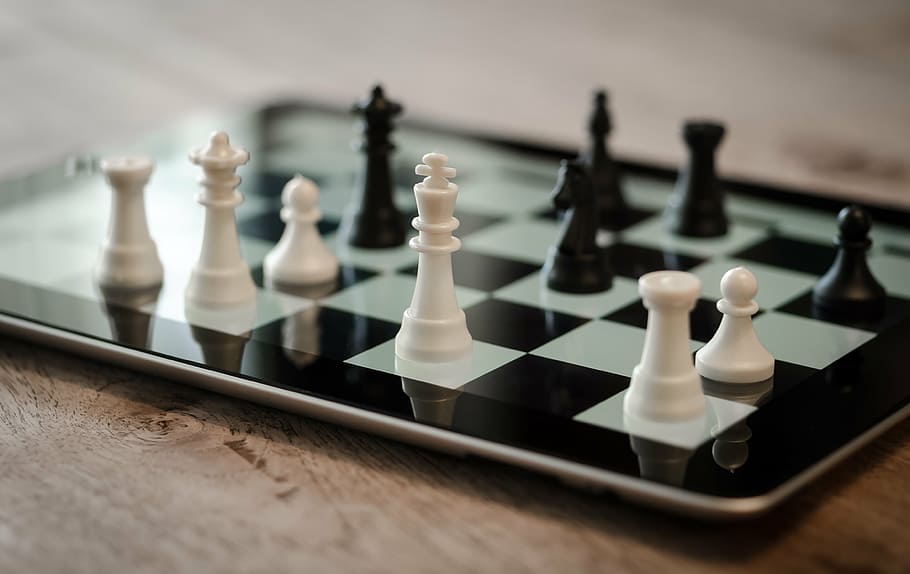 blanco, negro, piezas de ajedrez, tableta, ajedrez, ipad, 3d, digital, estrategia, negocios