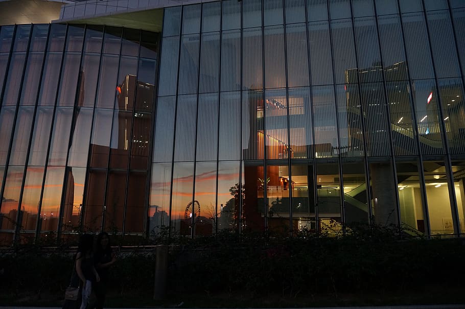 architecture, city, evening sky, evening, sunset, glass, glass windows, mirror, image reflection, built structure