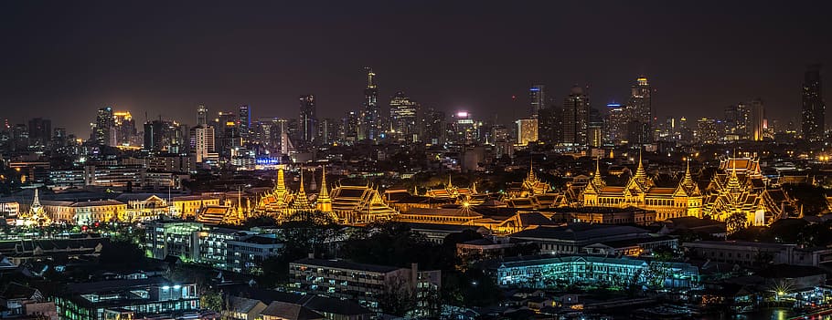 city, mid, high, rise buildings, night time, grand palace, wat phra kaew, bangkok, thailand, ancient