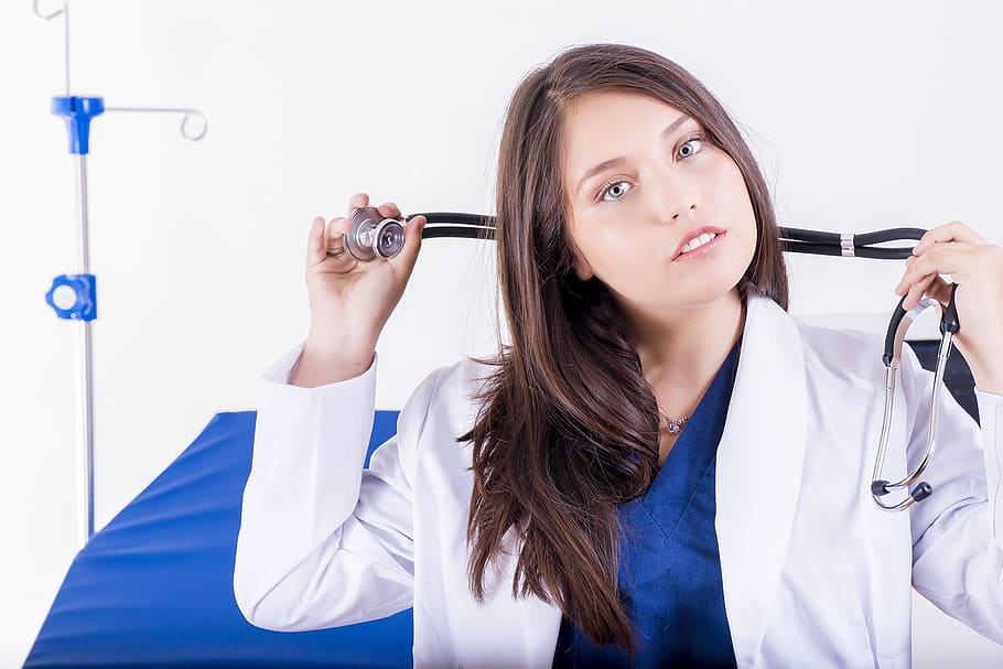 woman, white, coat, holding, stethoscope, woman in white, white coat, dr, doctor, women