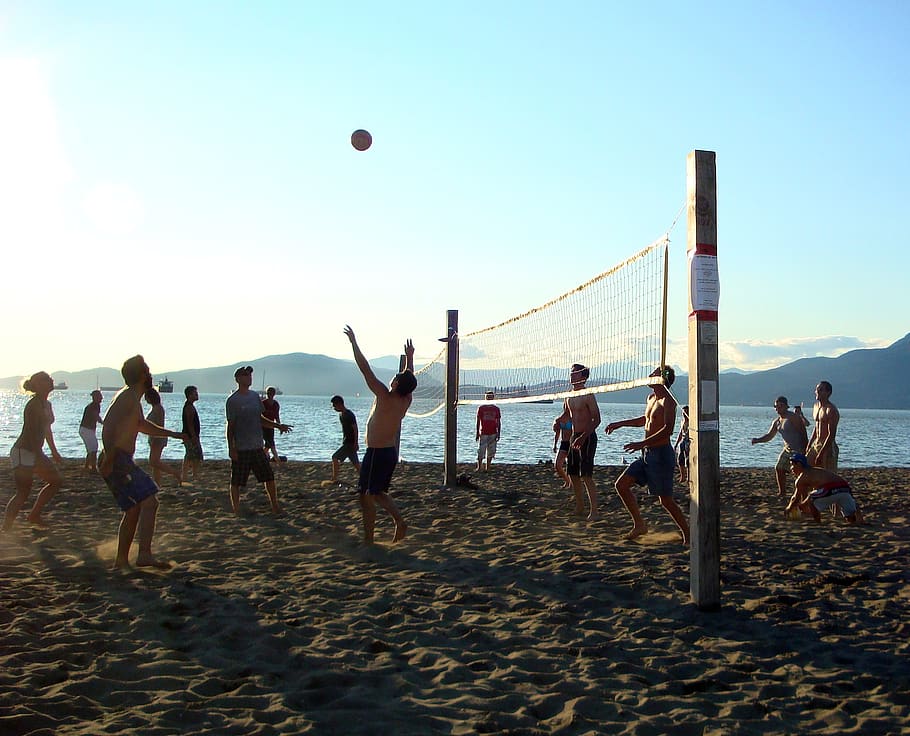 beach volleyball, ball, summer, sport, game, sand, people, fun, sky, play