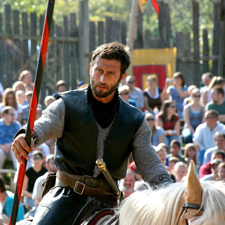 man, ride, white, horse, surrounded, people, knight, lance, medieval, warrior