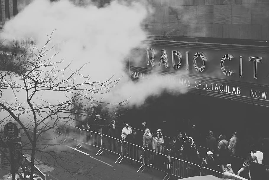smoke, front, radio city building, radio city music hall, music, concert, show, people, spectators, city