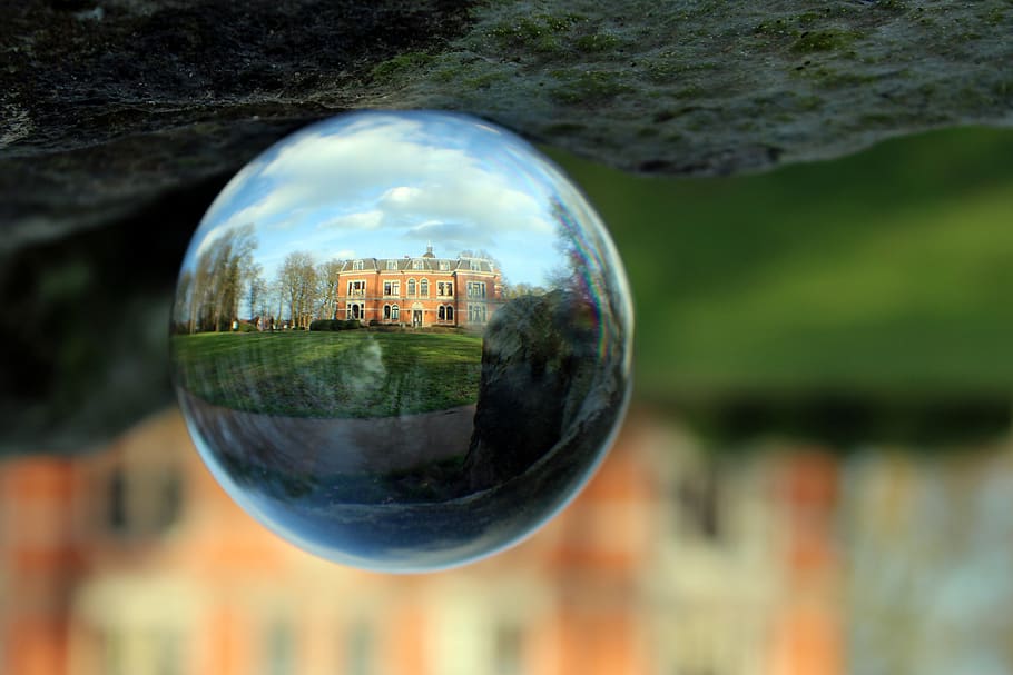 glass ball, ball, glass, castle, architecture, building, globe image, round, transparent, mirroring
