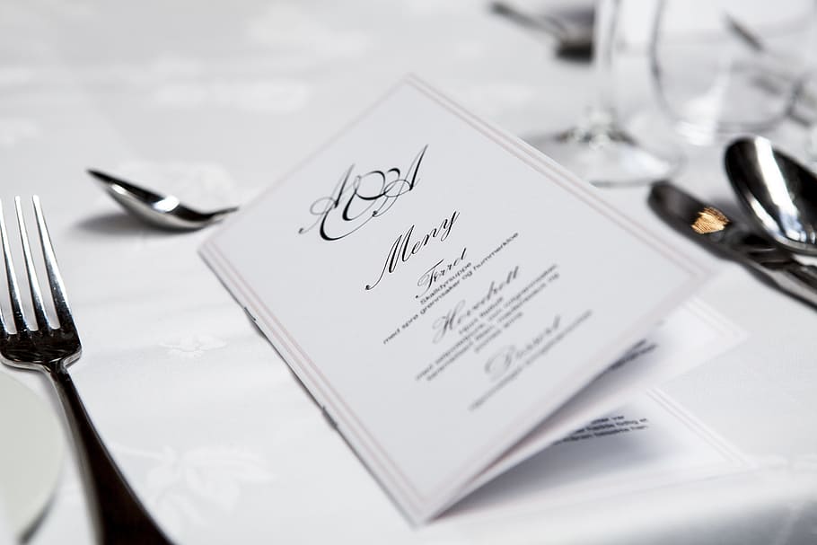 white, menu book, table, wedding, marriage, reception, food, dine, event, invitation