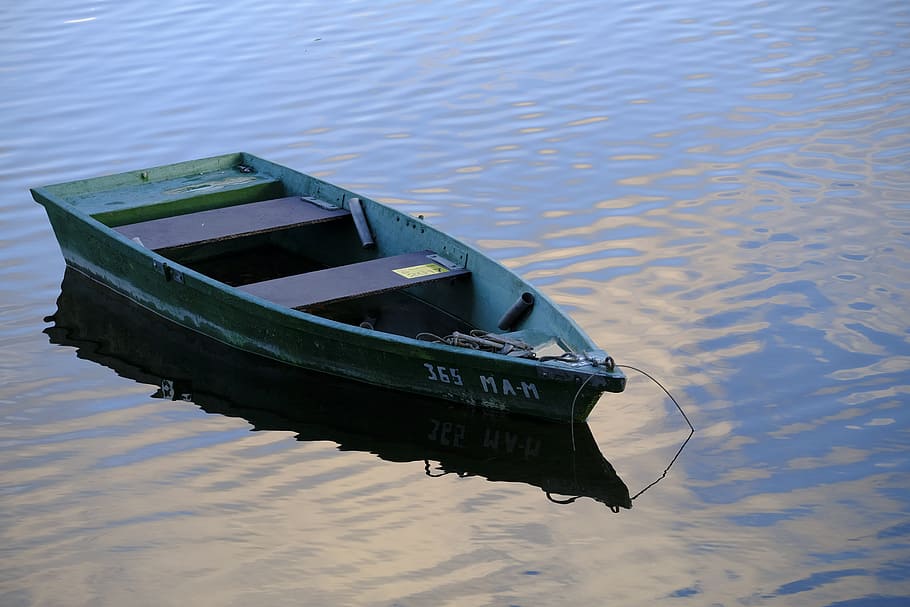 green, boat, floating, body, water, boot, rowing boat, lake, river, sea
