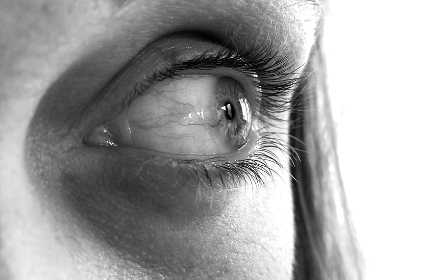 grayscale photo, person, eyelashes, eye, eyeball, close-up, light, eyelash, retina, iris
